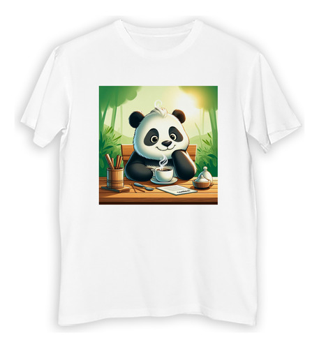 Remera Hombre Panda Tomando Un Cafe Contento Dibujo