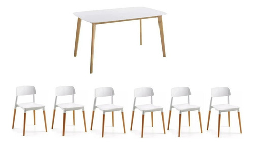 Juego Comedor Madera Mesa Claire 160 X 80 + 6 Sillas Milan Color Blanco