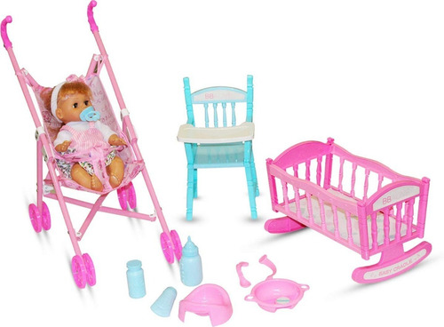Imagen 2 de 4 de Muñeca Con Coche, Silla De Comer Y Cuna. Set Todo Incluido.