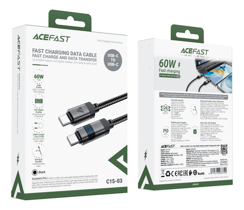 Cable Usb C Acefast C1503 60w Led Zinc Envío Incl.