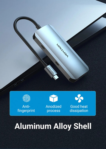 Hub Usb Multipuerto Vention - 6 En 1 - Usb C A Hdmi + 3 Puertos Usb 3.0 + Power Delivery 100w Usb C - 4k 30hz - 5gbps Carcasa Aluminio - 15 Cm - Premium Para Monitor / Pc / Mac / Laptop - Tofhb
