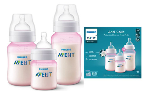 Kit Triplo Mamadeira Anti-colic Rosa - 125ml + 260ml + 330ml