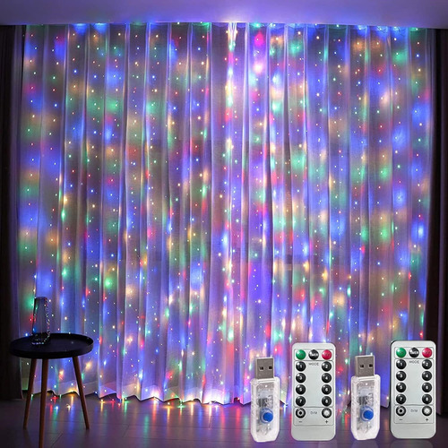 Cortinas Serie Luces 300 Led Decorativas Usb 3x3m 2 Piezas