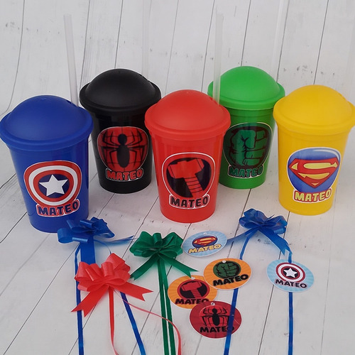13 Vasos Milkshake Personalizados S. Heroes + Bolsa Tag Moño Super Heroes