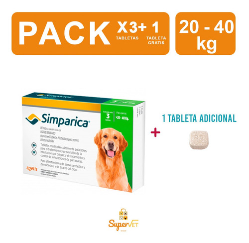 Antipulgas Masticable Para Perro Simparica 80mg 20-40kg 3+1