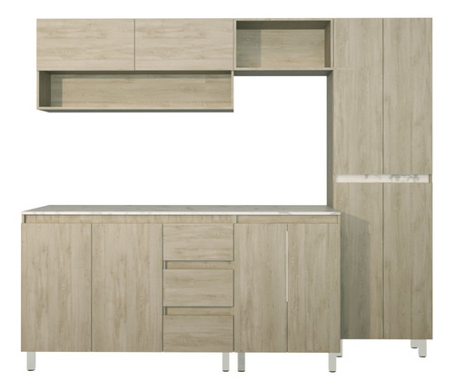 Cocina Integral Completa Decomobil Premium Minimalista Color Encino Polar - Mármol Blanco
