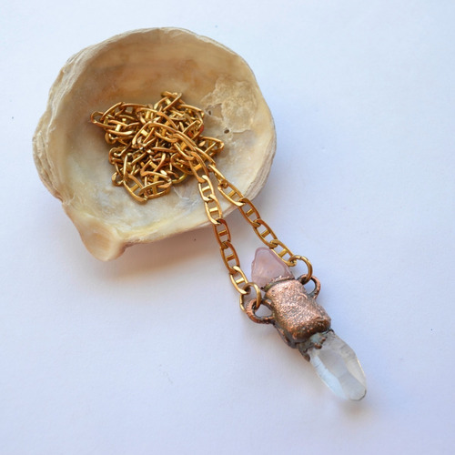 Imagen 5 de 8 de Collar De Cuarzo Rosa Y Cristal, Cadena De Bronce, Cod1