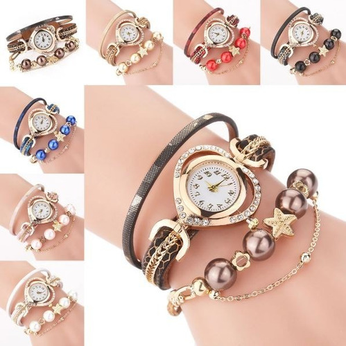 Relógio Feminino Vintage Bracelete Pulseira Pérolas Pingente