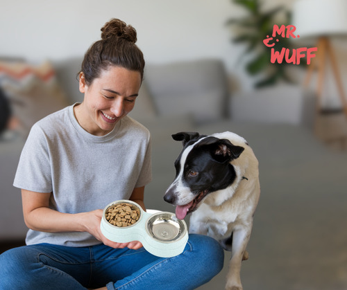 Plato Comedero Doble Para Perro Con Tazones De Acero Inoxidable Mr Wuff Color Azul