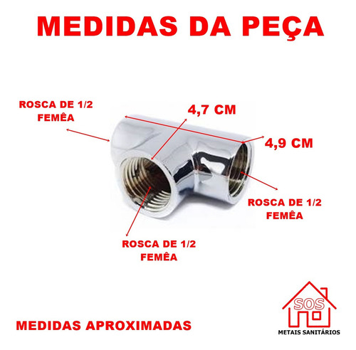Tee ( Tê ) Metal Cromado 1/2 Femêa ( 3 Lados Femêas ) Cor Prateado