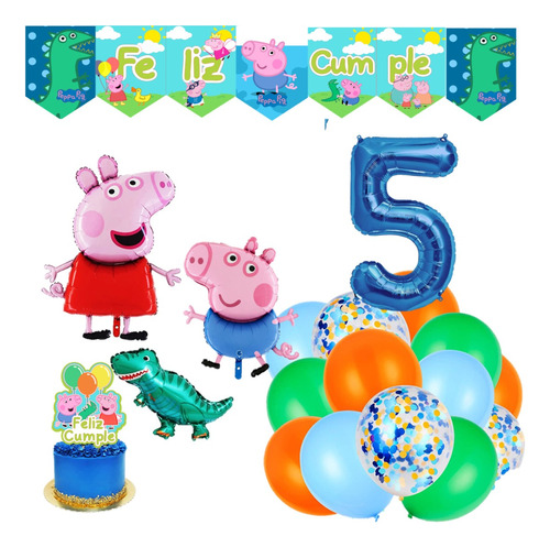 Pack De 16 Globos George Peppa Pig Banderin Topper Dino