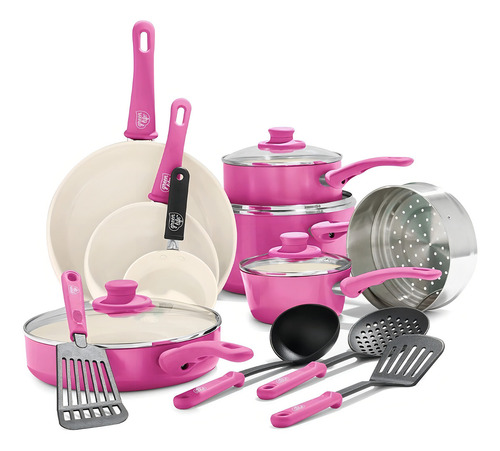 Juego De Ollas Y Sartenes Antiadherentes, Greenlife 16 Pieza Color Rosa