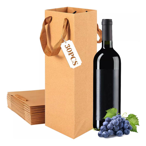 Bolsas Carton Papel Kraft Para Botella De Vino 30pc Color Caqui