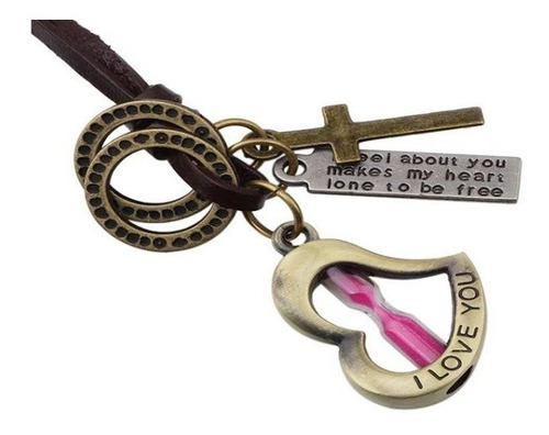 Collar Colgante Cuero Hombre Mujer Corazón Rosa Arena Moda