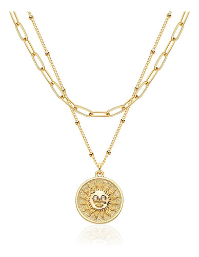 Collar Capas Colgante Moneda Sol Chapado Oro 18 Quilates