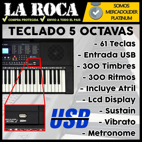 Imagen 4 de 10 de Teclado 5 Octavas 61 Teclas Usb Mp3 Microfono Y Atril