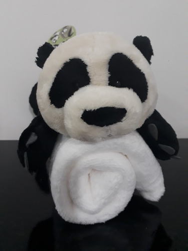 Panda Naninha 30cm + Mantinha Cobertor Branco Presente Bebê