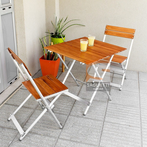 Imagen 4 de 10 de Mesa Plegable Aluminio Madera 75x66 + 2 Sillas Balcon Jardin