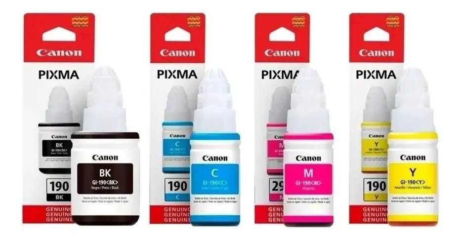 Pack 4 unidades de Tintas para impresoras Canon Gi-190 Color Negro, Amarillo, Cian, Magenta 345ml