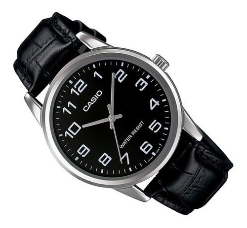 Relogio Masculino Prata Casio Pulseira Couro Preto Mtp V001l