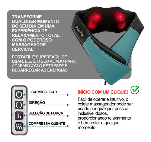 Colete Shiatsu Massageador Cervical Profissional Pro+ 4 D - 3 D X - Costas Pescoço Lombar Ombros Pernas Com 8 Nós E Infravermelho Portátil Com Bolsa Para Alívio Diário