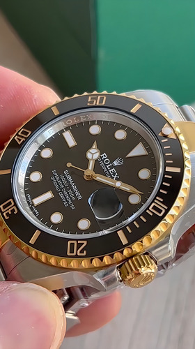 Rolex Submariner Super Clo Suiço Máquina Eta Genuína Correia Prata/dourado Bisel Preto Fundo Preto