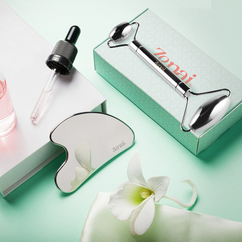 Kit Gua Sha E Massageador Rosto Rolinho Inox