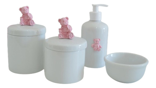 Kit Higiene Pote Porcelana Gel Coroa Laço Urso Rosa