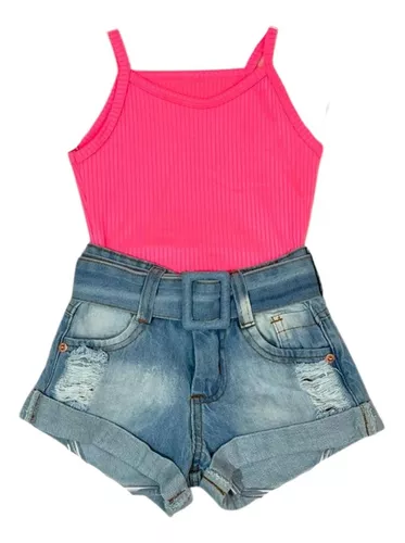 Conjunto Infantil Verão Barbie Girl Blusa Baby Look e Short Jeans Roupa da  Barbie Pink Menina 5790 - Brink Kids - Conjunto Infantil - Magazine Luiza