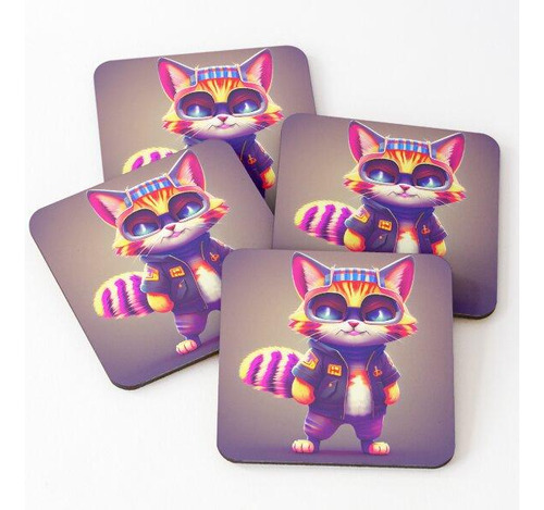 Set Posavasos Gato Con Chaqueta Y Pantalón Morado. Calidad P