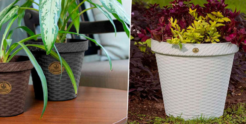 Maceta Redonda Con Plato Rattan 20 Cm Plastico Kit De 3