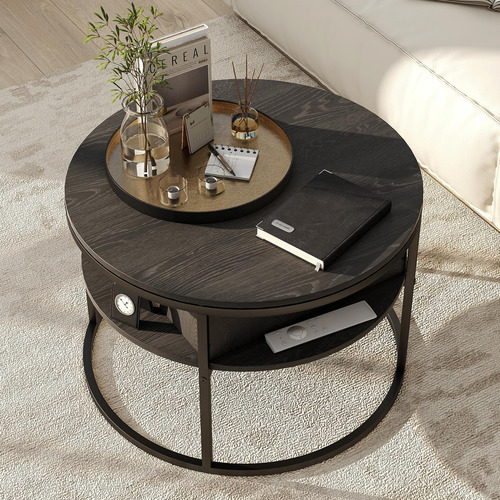 Mesa De Centro Redonda Elevable Negra Con Compartimento Ocul