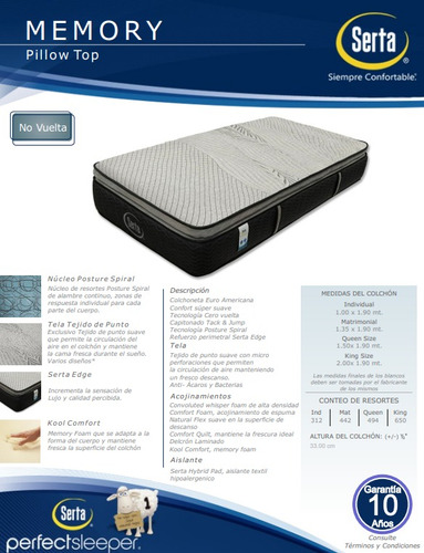 Colchón Queen Size Serta Memory Foam Confort Euro Americano
