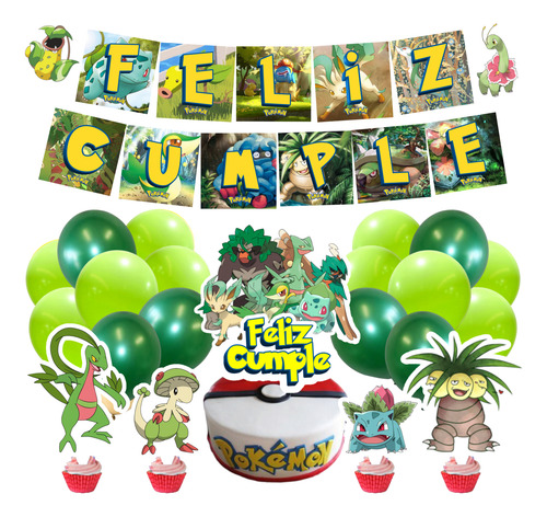 Set Globos+ Banderin+toppers Pokémon Planta Feliz Cumpleaños Verde Tipo Planta Feliz Cumple