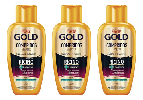  Shampoo Niely Gold 275ml Compridos + Fortes - Kit C/3un