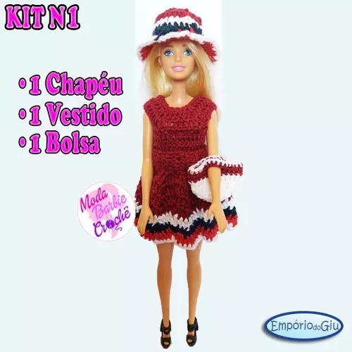 Roupa Barbie Moda Crochê Kit Vestido + Chapéu + Bolsa