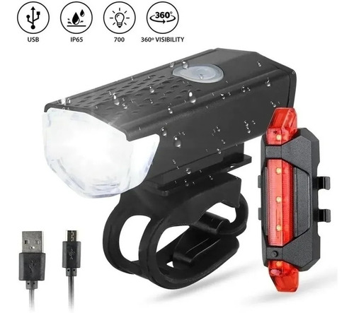 Pack Foco Luz Led Bicicleta Delantera Recargable Y Trasera