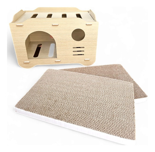 Casa Cama + 2 Rascadores Cucha De Madera Para Gatos Mascotas