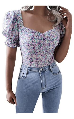 Camisa De Gasa Con Cuello Cuadrado Linterna Top De Mujer