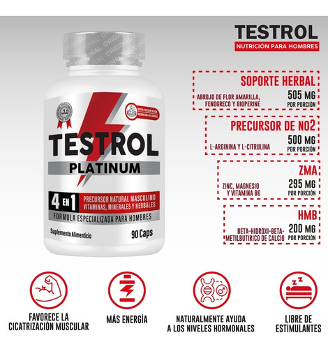 Imagen 3 de 5 de Testrol Platinum 4 En 1 Potenciador Natural Masculino 90caps