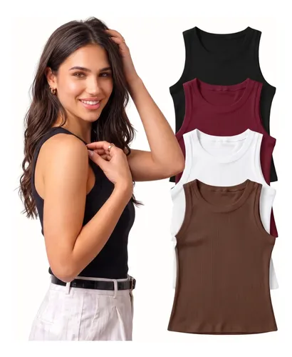 Kit 4 Blusa Regata Canelada Feminina Nadador Moda Básica Preto/marrom/vinho/branco Liso G