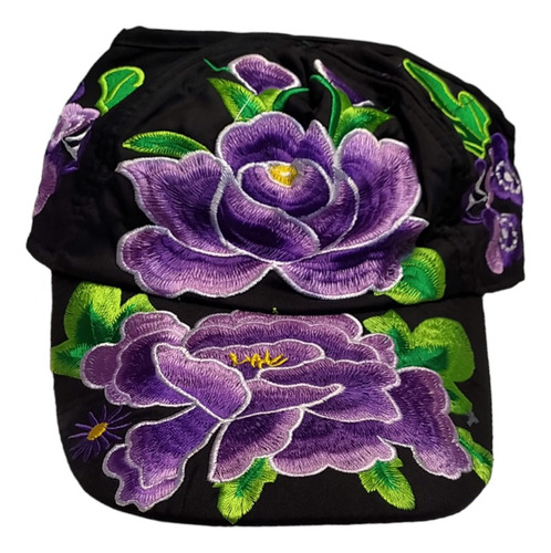 Gorra Negra Con Estampado De Flores Moradas