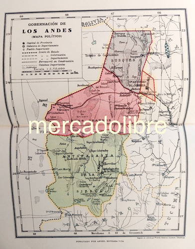  Gobernación De Los Andes 1935 Mapa Color Original Plano