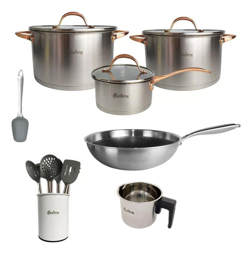 Set Ollas Wok Jarro Utensilios Acero Inox Golden Inducción. 