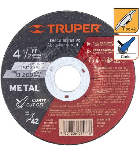 Disco Corte Metal Tipo 42 Diámetro 4-1/2'' Truper 11549 Color Gris