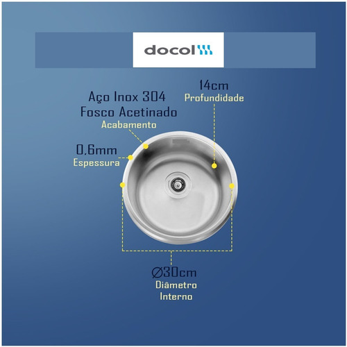Cuba Inox Redonda Docol Fosca Sobrepor 30cm Válvula