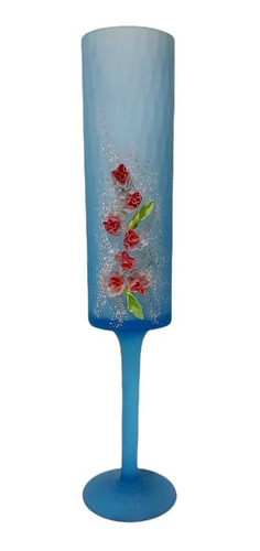 Florero De Cristal Blue Con Flores En Cristal Relieve Deco!!