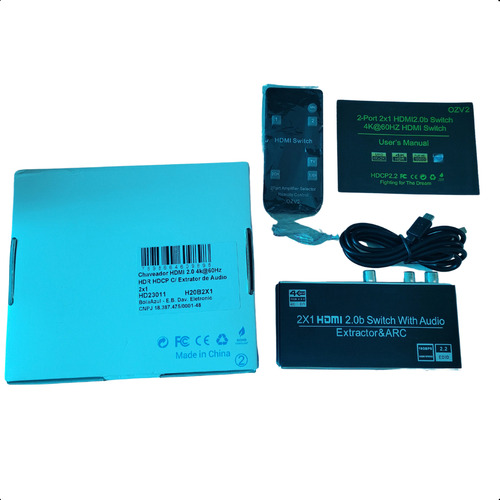 Switch Hdmi 4k 60hz 2x1 Com Extrator De Áudio Uhd Kit C/ 20