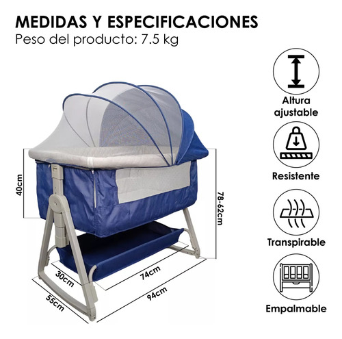 Cuna corral colecho para bebés shopmall 02 antirreflujo mecedora color azul marino liso