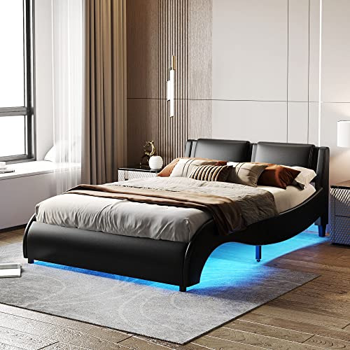 Cama Queen Cuero Sintét. Con Luz Led, Plataf. Madera N